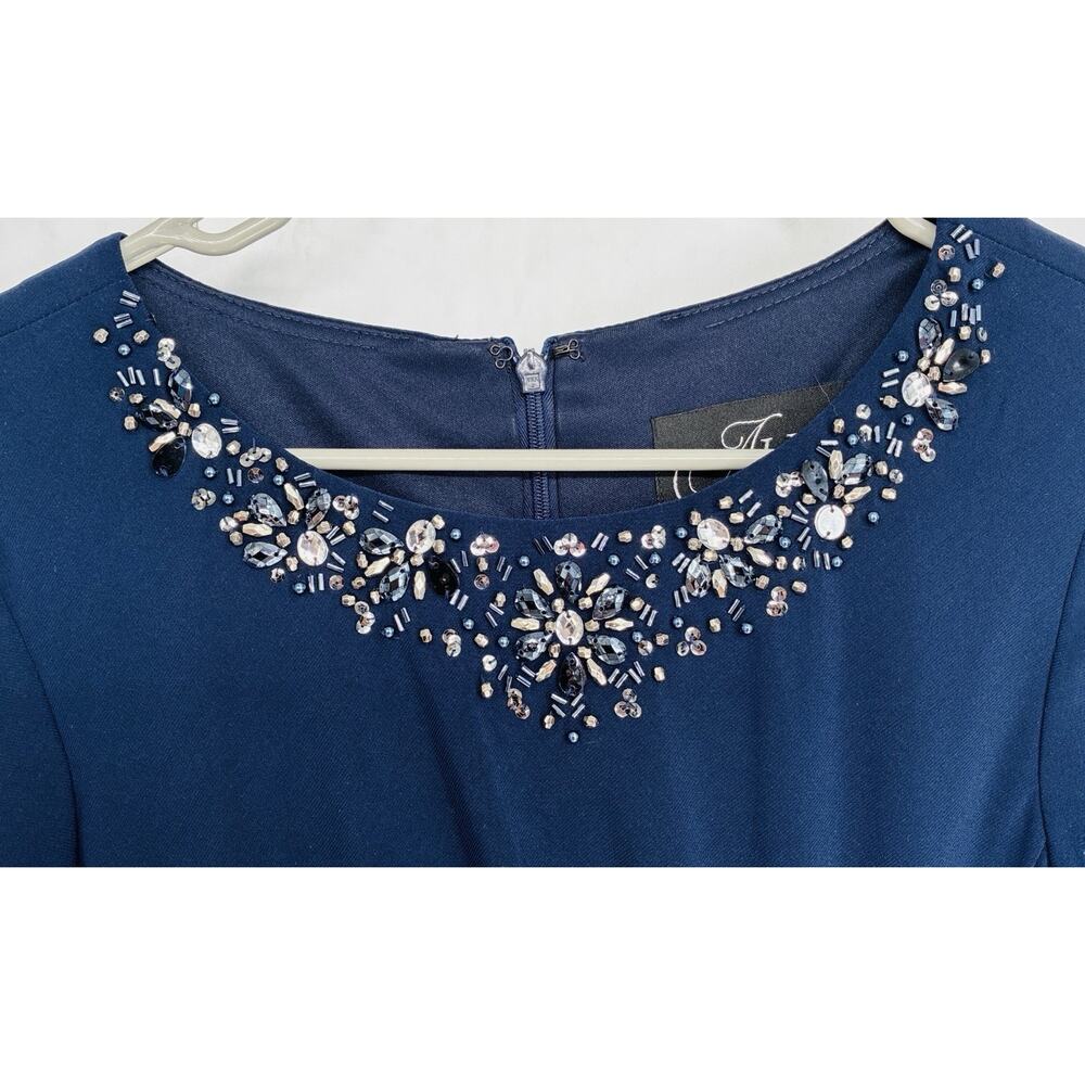 Alex Evenings Size 10 Navy Beaded Rhinestone Ruched Twist Front Cocktail Dress - Picture 3 of 10